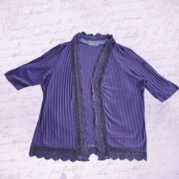 Roaman's Crochet Trim Pointelle Purple Cardigan - XL - Picture 5 of 8